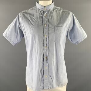 TAYLOR STITCH Size XL Blue White Micro Stripe Mandarin Collar Short Sleeve Shirt